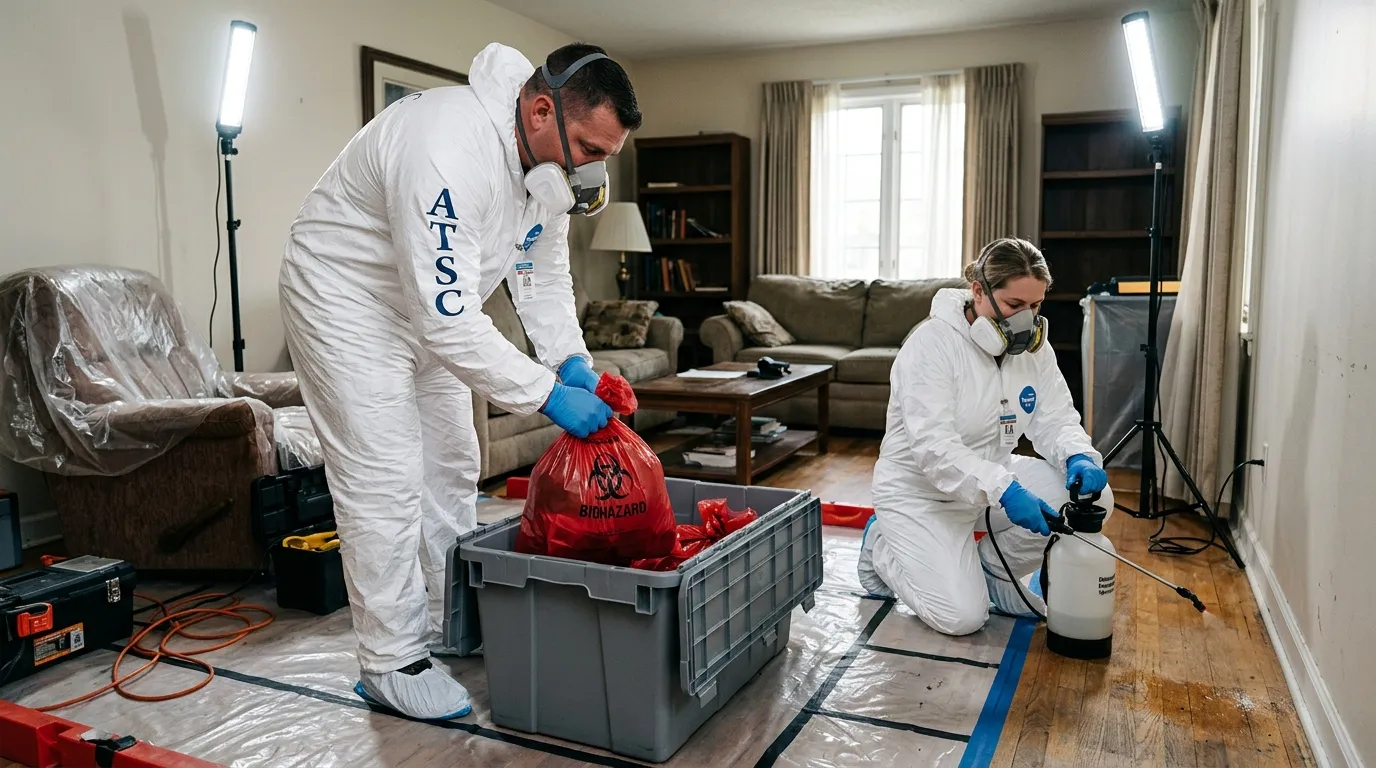 Professional Biohazard Cleanup technician in full PPE working in Princeton